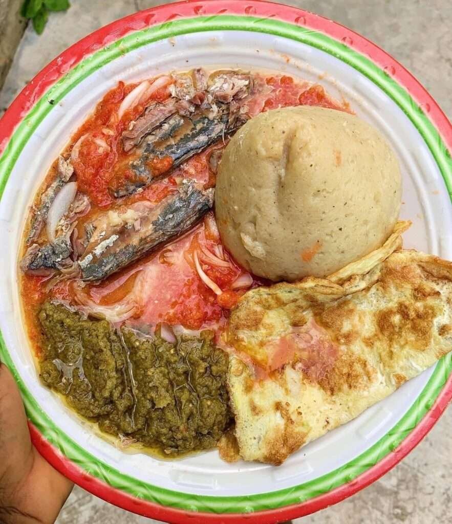 Ghana Food - Banku and Pepper with sardine and fried egg